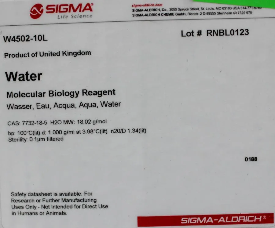 SIGMA W4502-10L Sterility Water Molecular Biology Reagent