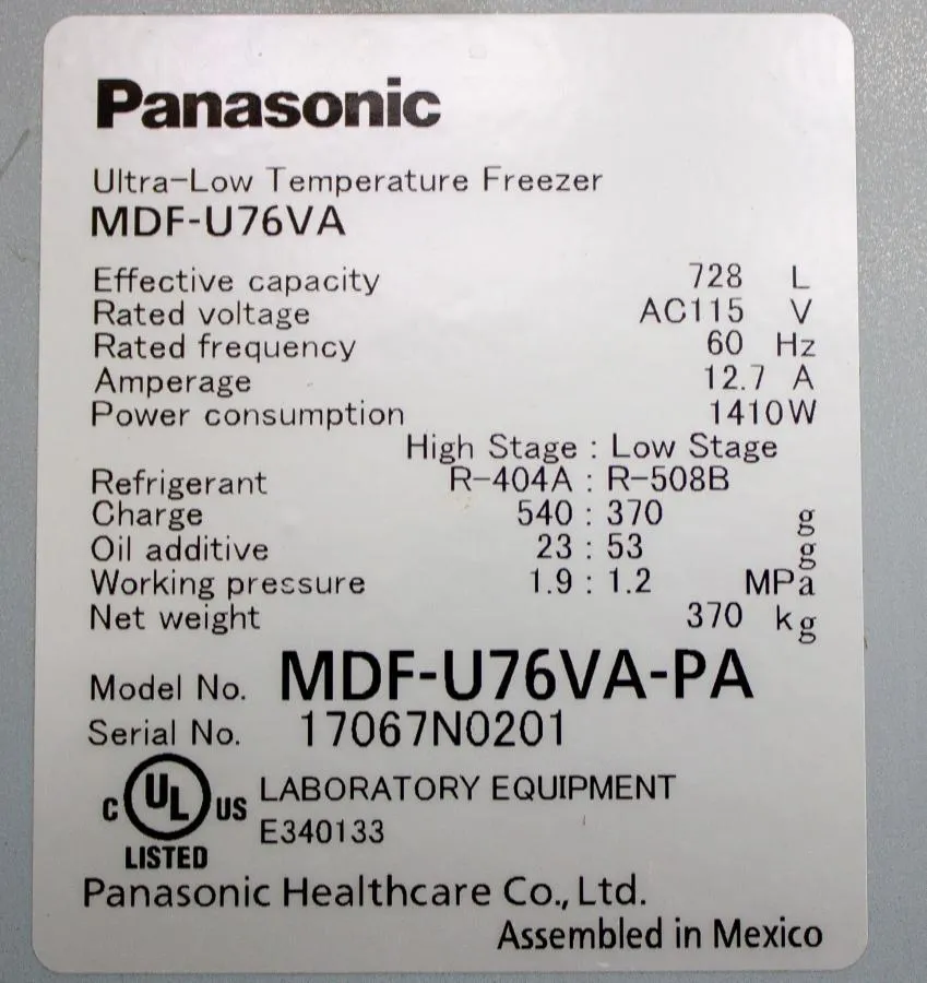 Panasonic VIP Plus Series MDF-U76VA-PA Ultra Low Temperature Freezer