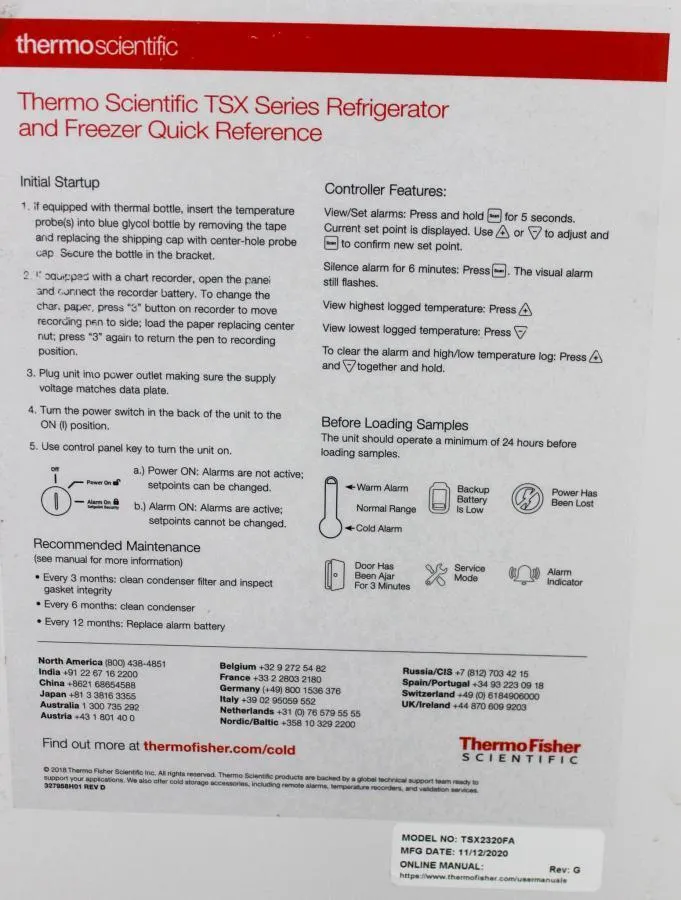 Thermo Scientific  TSX2320FA High Performance Lab Freezer Manual Defros