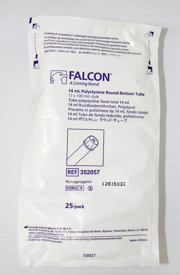 Falcon 14mL 17x 100mm  Polystyrene round bottom test tube w/snap cap 25pk/500