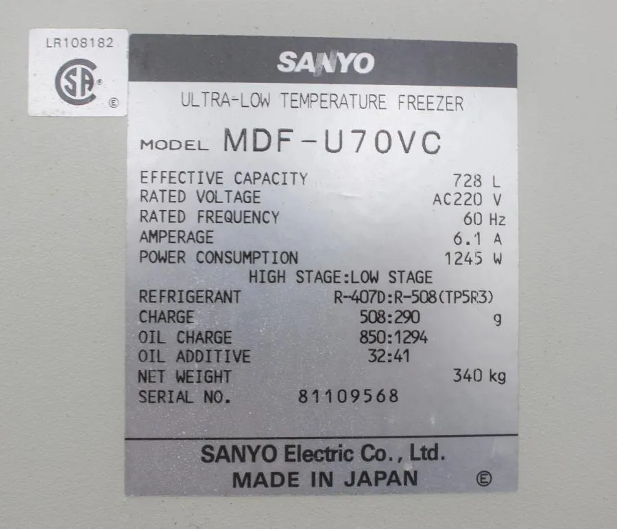 Sanyo VIP Series -86C Ultra-Low Temperature Freeze CLEARANCE! As-Is