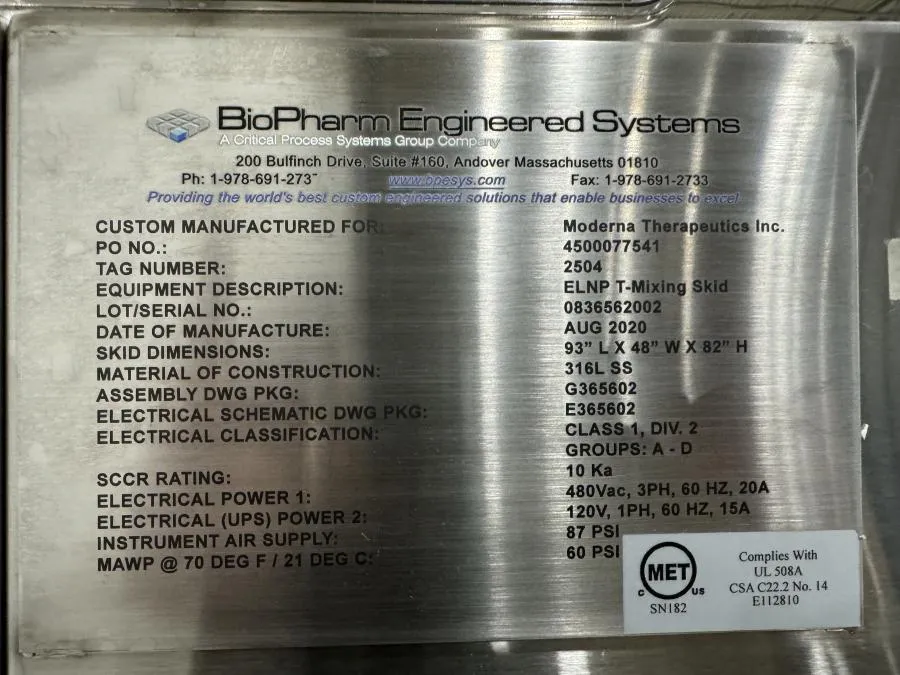 BioPharma Engineered Systems: Custom : ELNP T-Mixing Skid