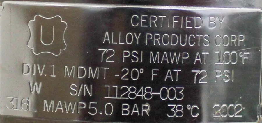 Alloy products Corp. Pressure Vessel solvent tank 55 Gall/ 316L deep tube
