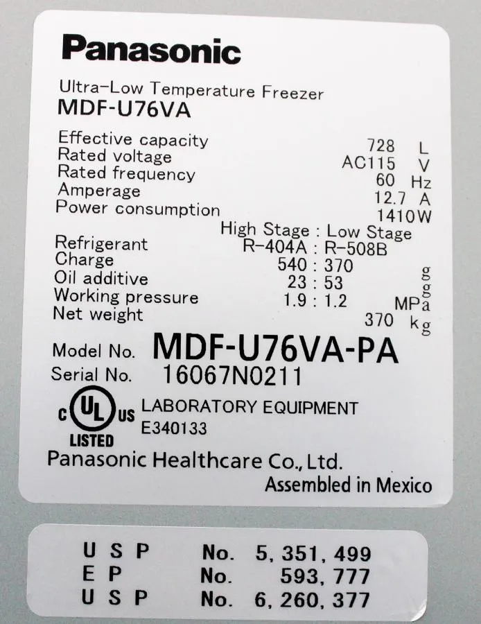 Panasonic VIP Plus Series MDF-U76VA-PA Ultra Low Temperature Freezer -80C