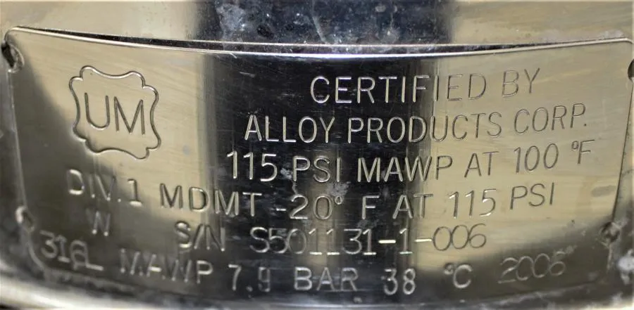 Alloy Products 316L MAWP 7.9 Bar Stainless Steel Vessel