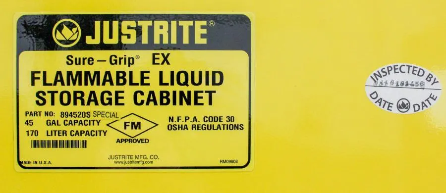 Justrite Yellow   45 G Flammable Liquid Storage Cabinet P/N: 894520S Special