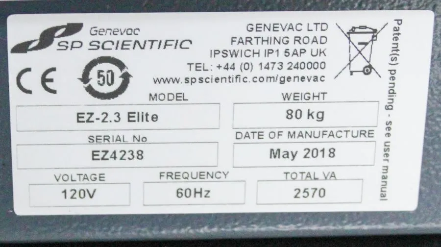 SP Scientific GeneVac EZ-2.3 Elite Centrifugal Evaporator