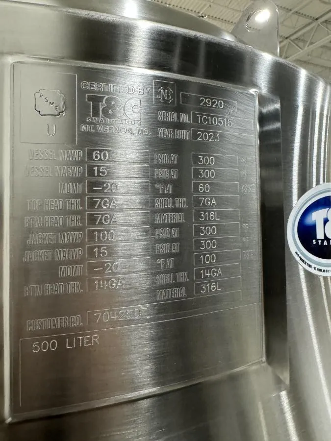 T&C Stainless with Holland Applied Technologies Parts: 500 L Vessel  TC10515