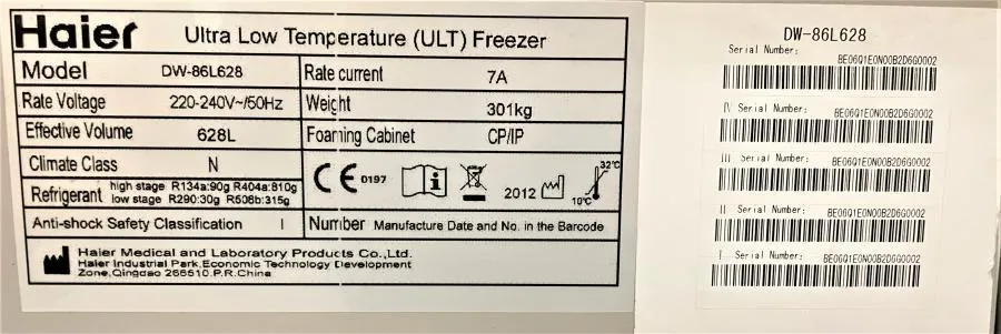 BRAND NEW Haier Ulta Low Temperature ULT Freezer DW-86L628  (220V and 50hz only)