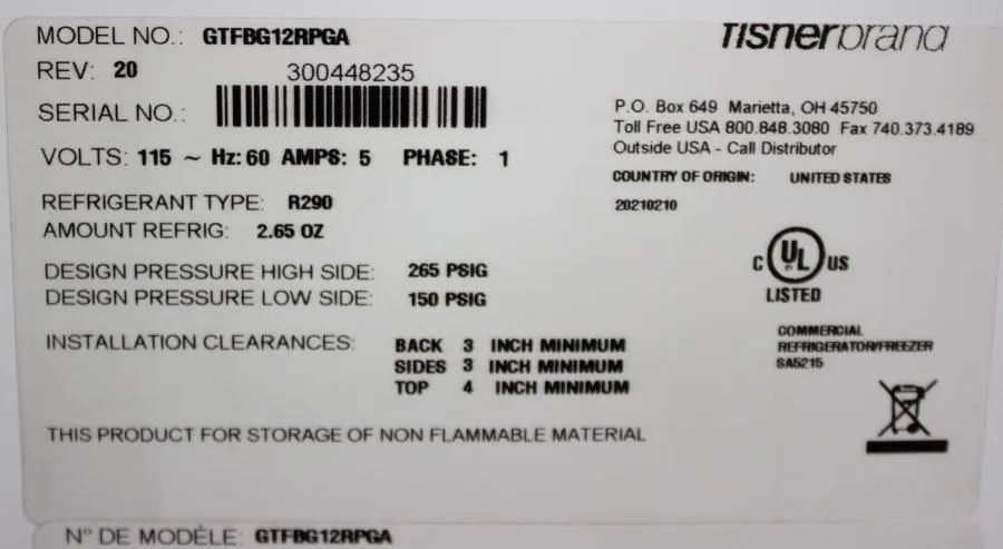 Fisherbrand Isotemp GTFBG12RPGA General Purpose Laboratory Refrigerator