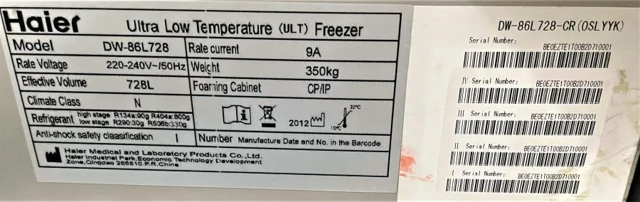 BRAND NEW-Haier Ulta Low Temperature (ULT) Freezer DW-86L728 (220v and 50hz)