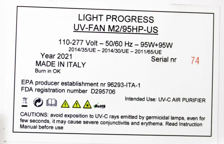Light Progress UV-Fan M2/95HP-US Wall Mounted Fan UV C Air Purifier