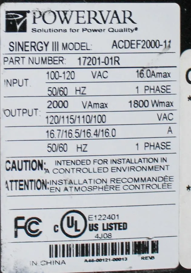 Ametek Powervar Sinergy III/ ACDEF2000-11 with External Battery Model: E048-12