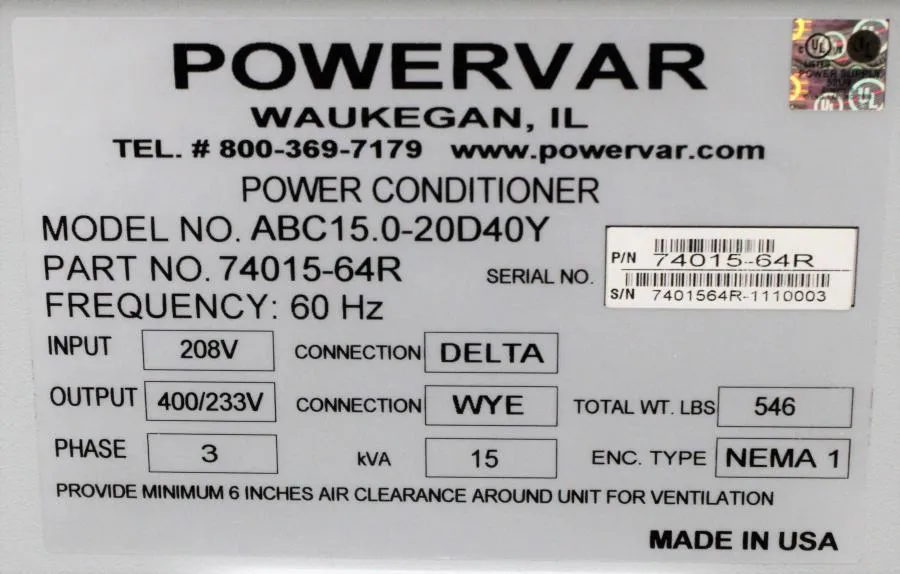 Powervar 2000 GPI Global Power Interface ABC15.0-2 CLEARANCE! As-Is
