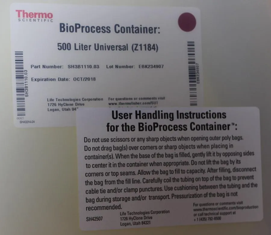 Thermo Scientific BioProcess Container 500L Univer CLEARANCE! As-Is