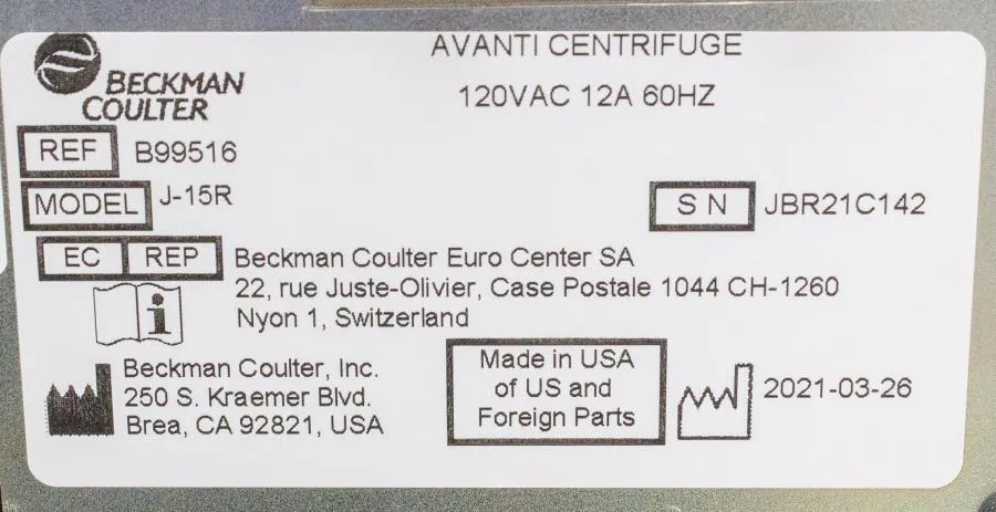 Beckman Coulter Avanti J-15R Refrigerated Benchtop CLEARANCE! As-Is