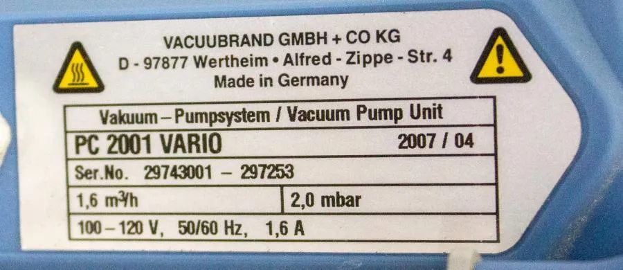 VacuuBrand PC 2001 Vario Chemistry Vacuum Pump Uni CLEARANCE! As-Is