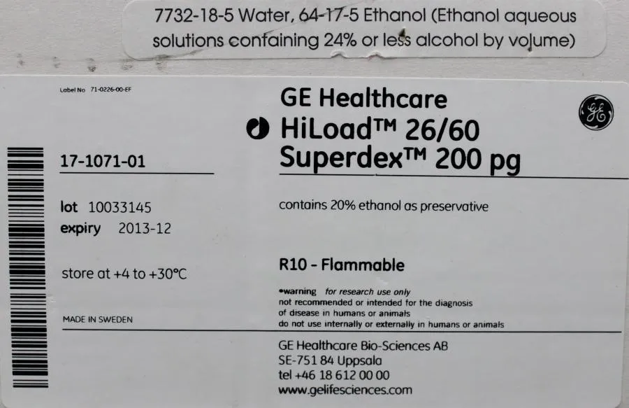 GE Healthcare HiLoad 26/60 Superdex 200pg chromatography column performance