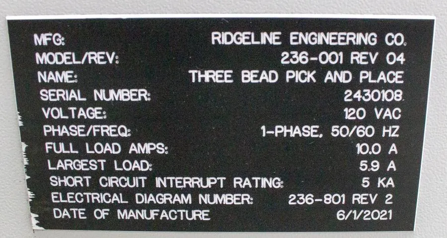 Ridgeline Engineering Custom Three Bead Pick and Place Model 236-001 Rev 04