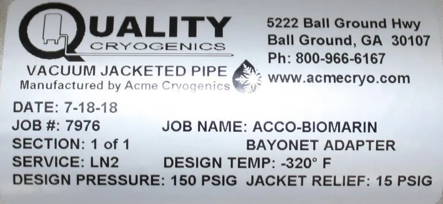 Quality Cryogenics Vacuum Jacketed Pipe Bayonet Adapter